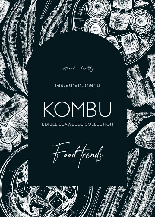 Hand-drawn Kombu arc design. Edible seaweed frame template on chalkboard. Sea vegetable illustrations. Healthy food vector background. For Japanese cuisine, restaurant menu design, packaging.